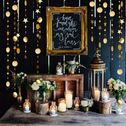 Star and Round Hanging Gold String/Garland Decoration - 8FT - 1PC