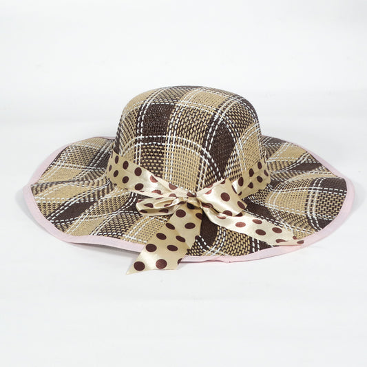Summer Beach Hat Beige Color w/Polka Dot Silk Ribbon Pattern for Women - 1PC