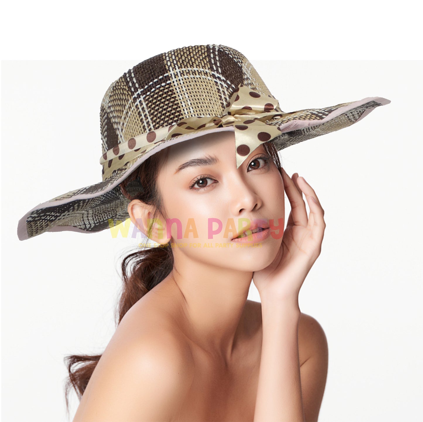 Summer Beach Hat Beige Color w/Polka Dot Silk Ribbon Pattern for Women - 1PC
