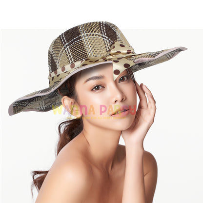 Summer Beach Hat Beige Color w/Polka Dot Silk Ribbon Pattern for Women - 1PC