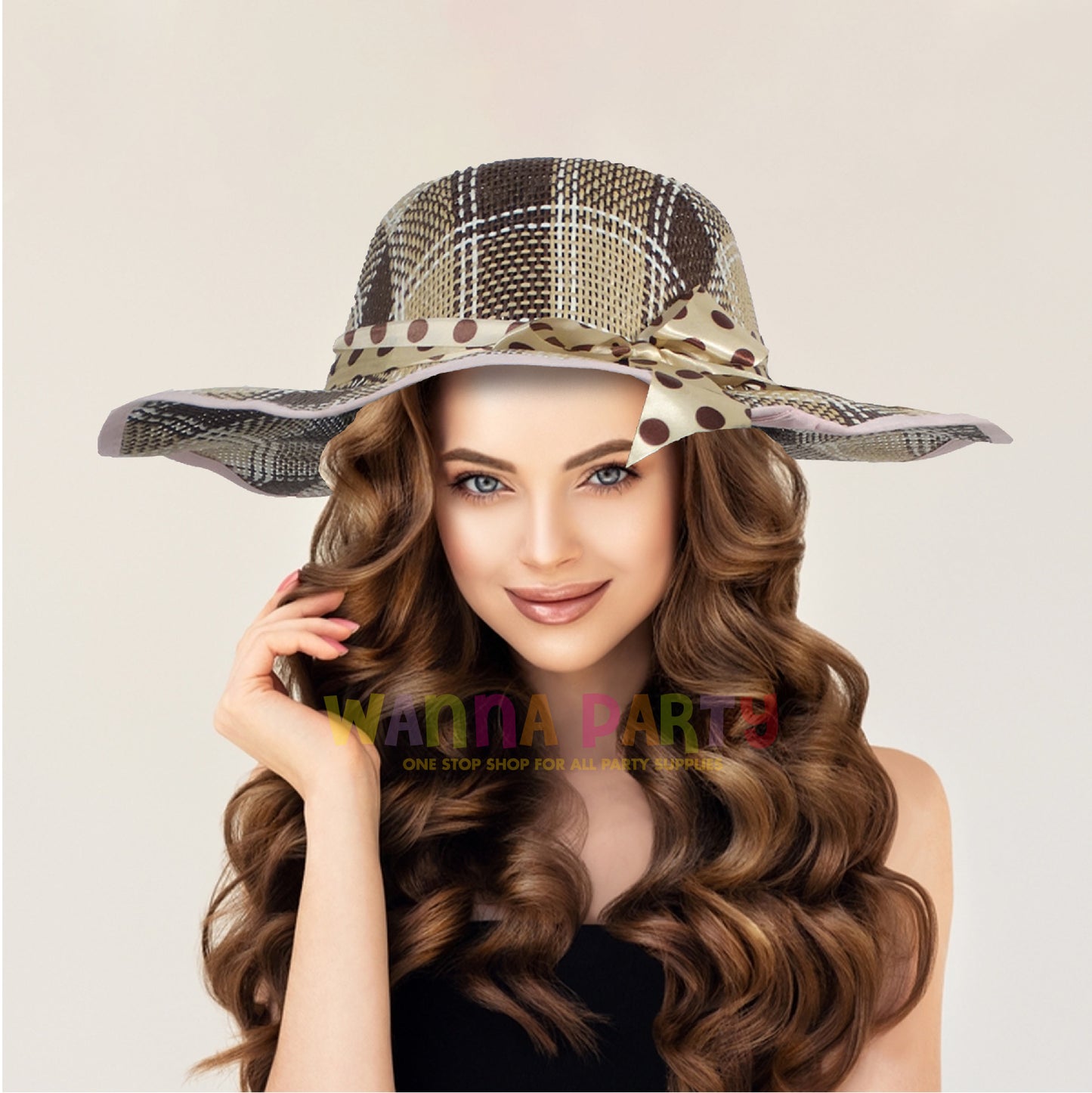 Summer Beach Hat Beige Color w/Polka Dot Silk Ribbon Pattern for Women - 1PC