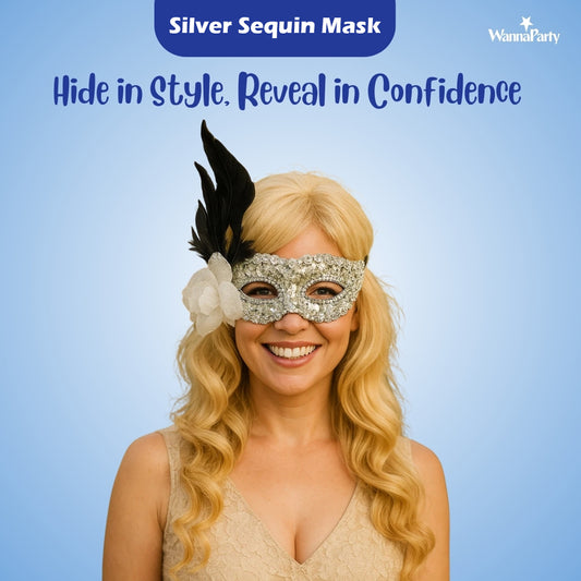 Silver Sequin Eye Mask with White Flower