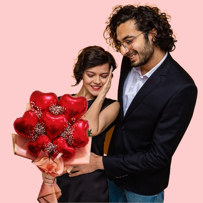 Red Heart Shape Foil Balloon Set w/ Gymsum Flowers - Air Filled - 10 inches - 7PC