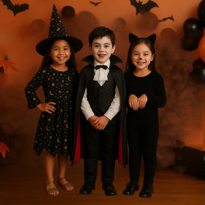 Spooky Witch Black & Golden Costume w/Hat for Kids