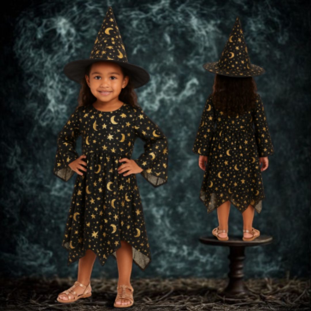 Spooky Witch Black & Golden Costume w/Hat for Kids