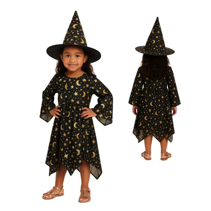 Spooky Witch Black & Golden Costume w/Hat for Kids