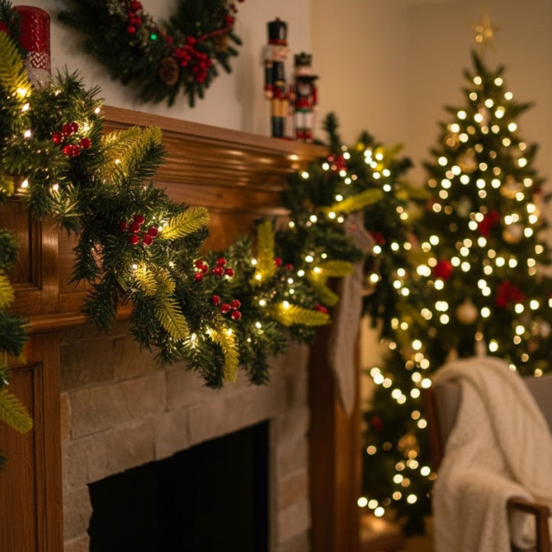 Christmas Thick Garland with Pine and Grass Finish and Cherries - 9FT
