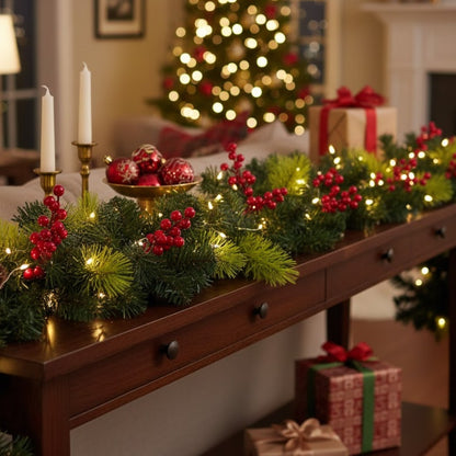 Christmas Thick Garland with Pine and Grass Finish and Cherries - 9FT