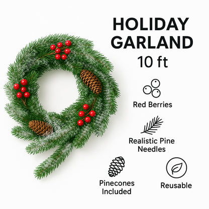 Christmas Thick Garland with Pines and Cherries in European Finish - 9FT