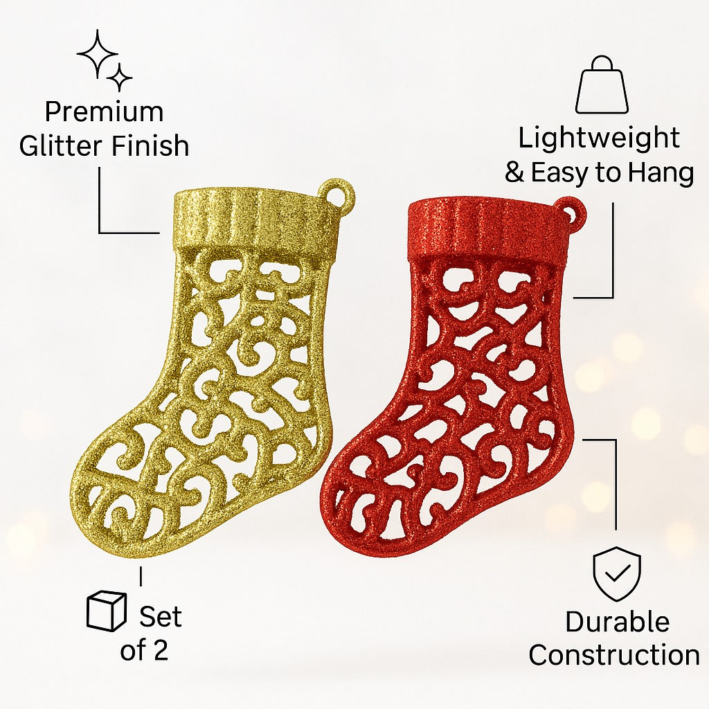 Christmas Tree Ornaments - Santa Stocking Hangings Red &amp; Gold - Set of 2PC