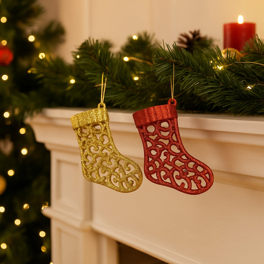 Christmas Tree Ornaments - Santa Stocking Hangings Red &amp; Gold - Set of 2PC