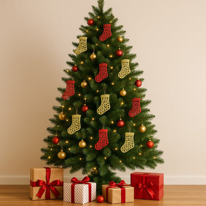 Christmas Tree Ornaments - Santa Stocking Hangings Red &amp; Gold - Set of 2PC