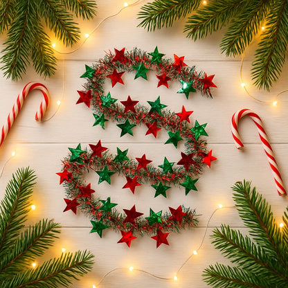 Fringe Wired Red & Green 2D Stars Tree Wraps or Garland - 1PC