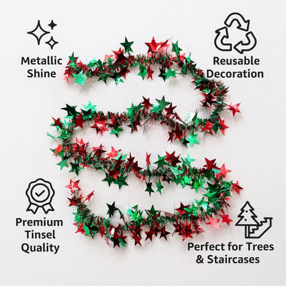 Fringe Wired Red & Green 2D Stars Tree Wraps or Garland - 1PC