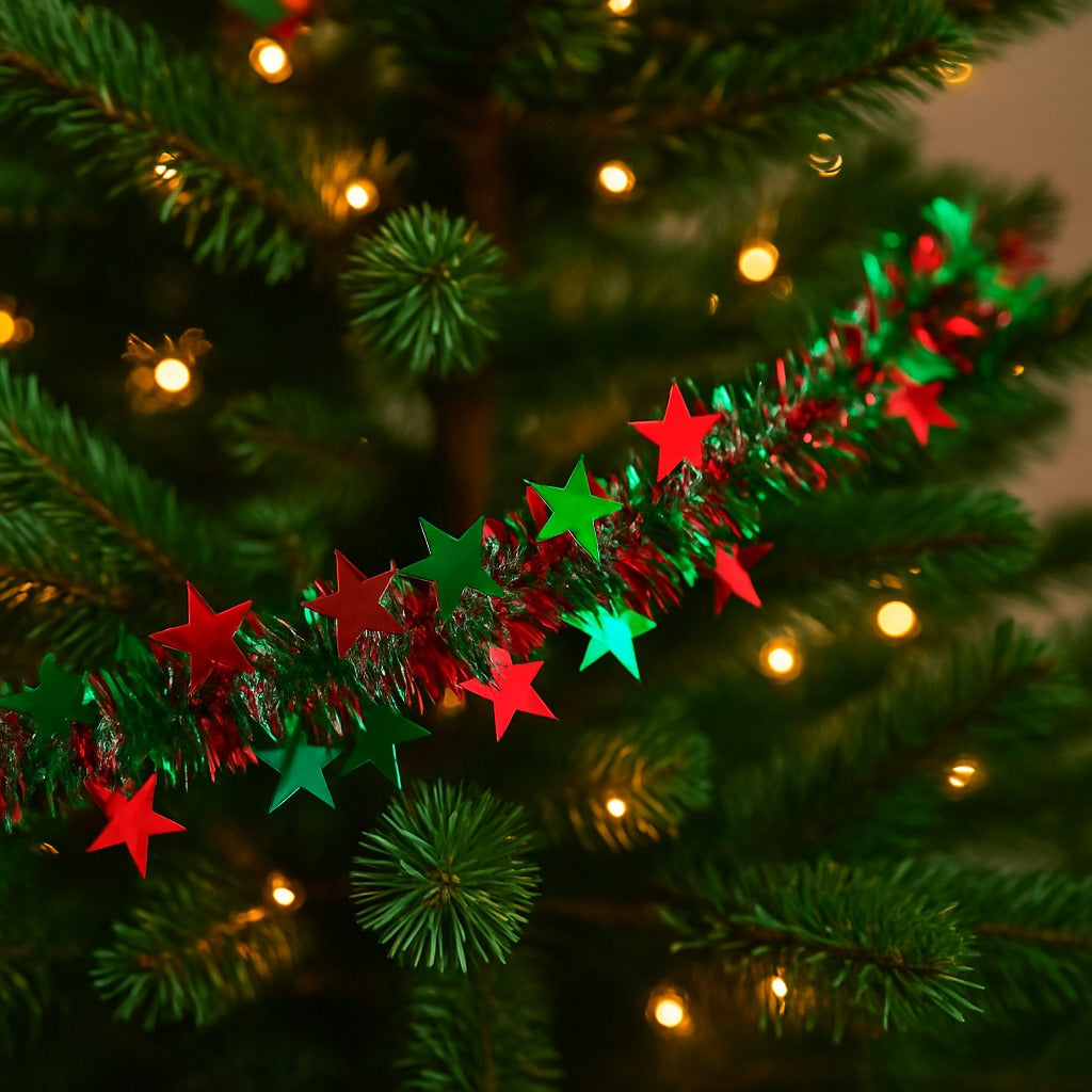 Fringe Wired Red & Green 2D Stars Tree Wraps or Garland - 1PC