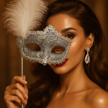 White Mask W/Handheld Stick-1PC