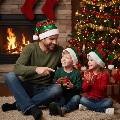 Santa Sequin Hat with Plush Puff Ball and Plush White Border