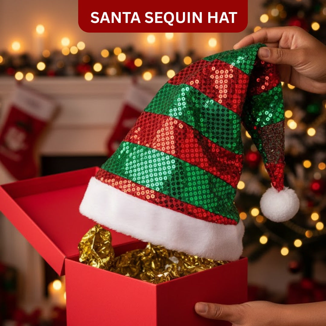 Santa Sequin Hat with Plush Puff Ball and Plush White Border