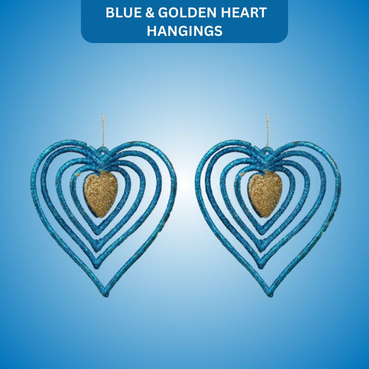 3D Heart Blue & Golden Hangings - 2PC