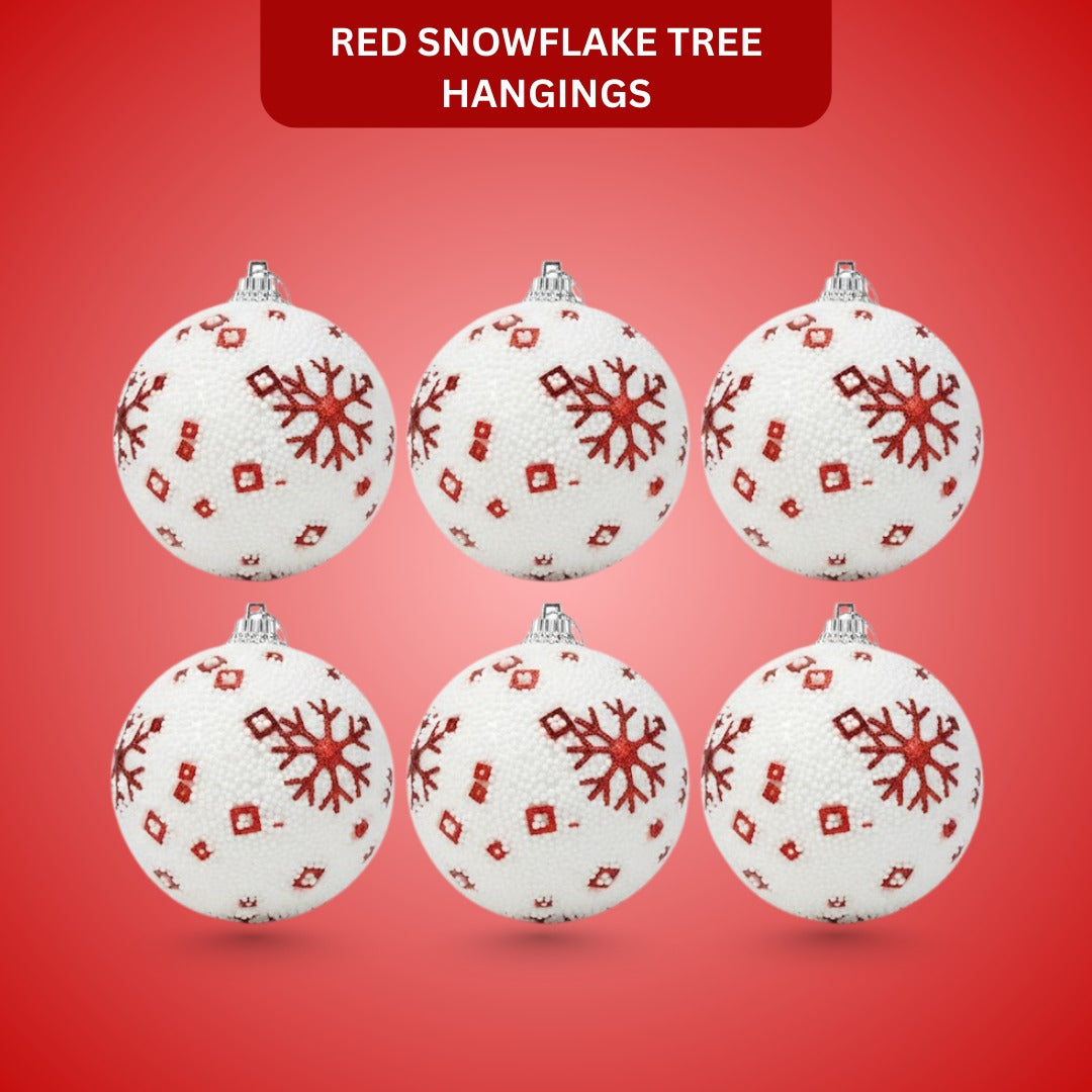 Christmas Glitter White Balls with Red Snowflakes - 6PC