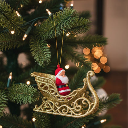 Small Santa on Golden Shimmery Sledge for Christmas Tree Decor - 1PC