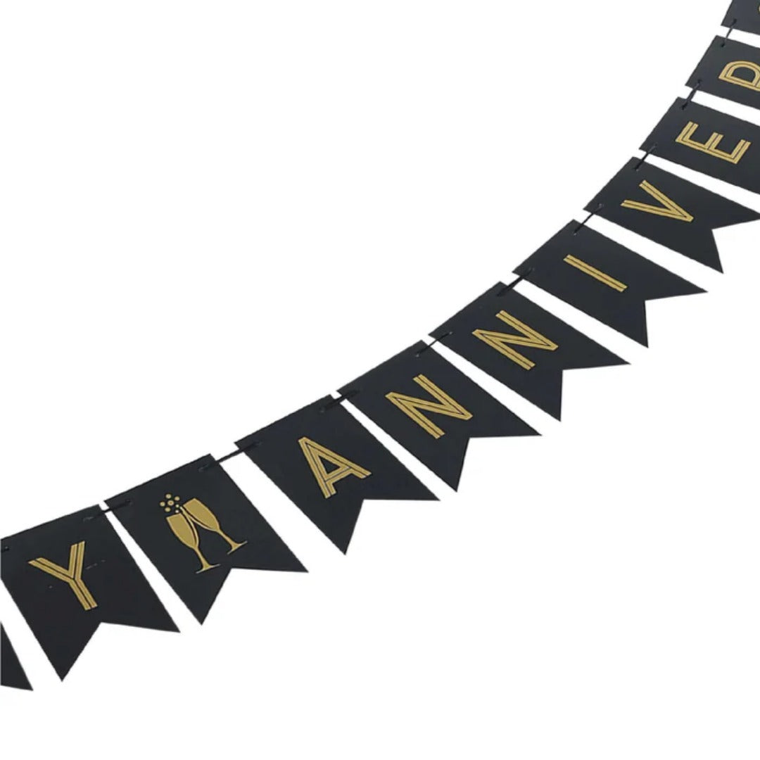Happy Anniversary Black & Golden Triangular Bunting Banner - 9FT - 16PC