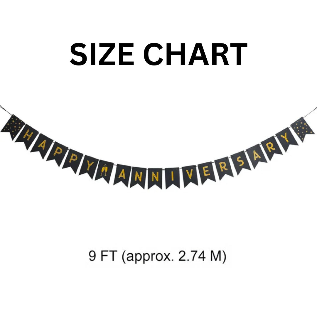 Happy Anniversary Black & Golden Triangular Bunting Banner - 9FT - 16PC