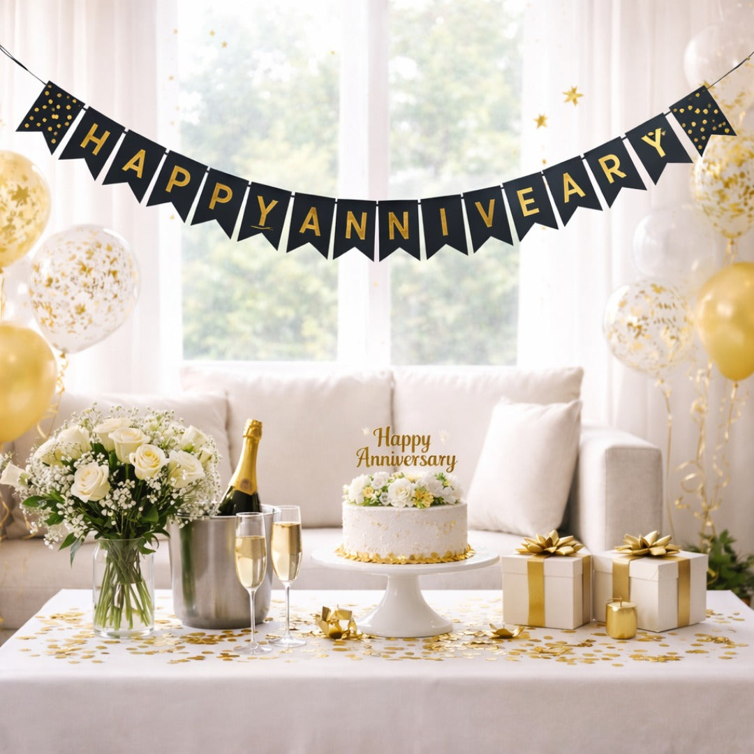 Happy Anniversary Black & Golden Triangular Bunting Banner - 9FT - 16PC