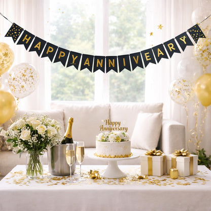 Happy Anniversary Black & Golden Triangular Bunting Banner - 9FT - 16PC