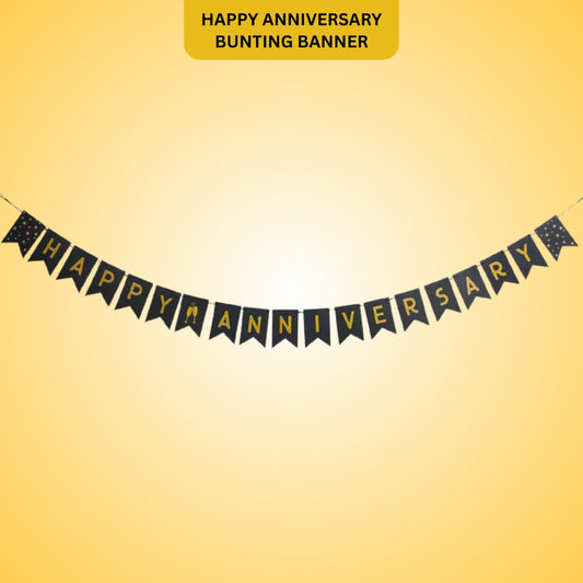 Happy Anniversary Black & Golden Triangular Bunting Banner - 9FT - 16PC