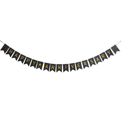 Happy Anniversary Black & Golden Triangular Bunting Banner - 9FT - 16PC