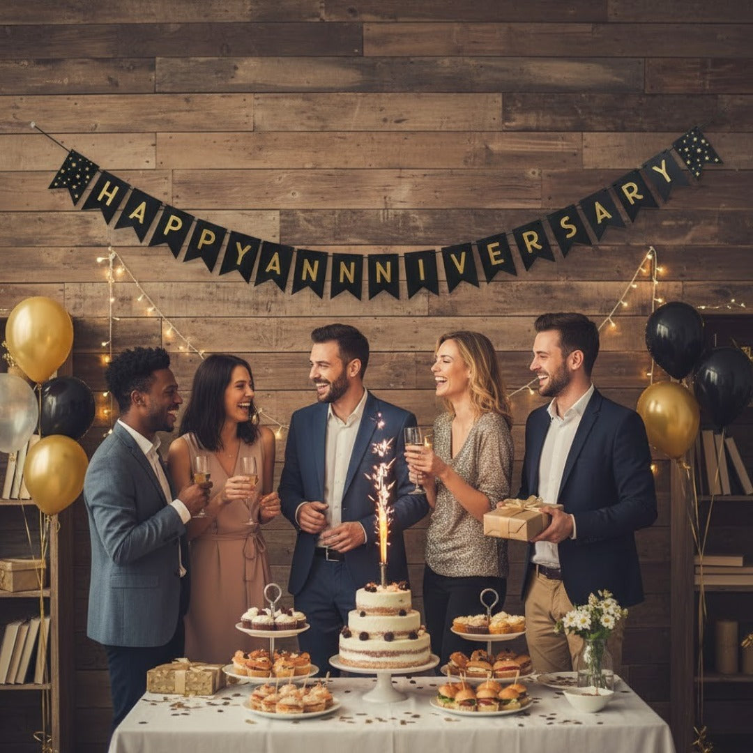 Happy Anniversary Black & Golden Triangular Bunting Banner - 9FT - 16PC