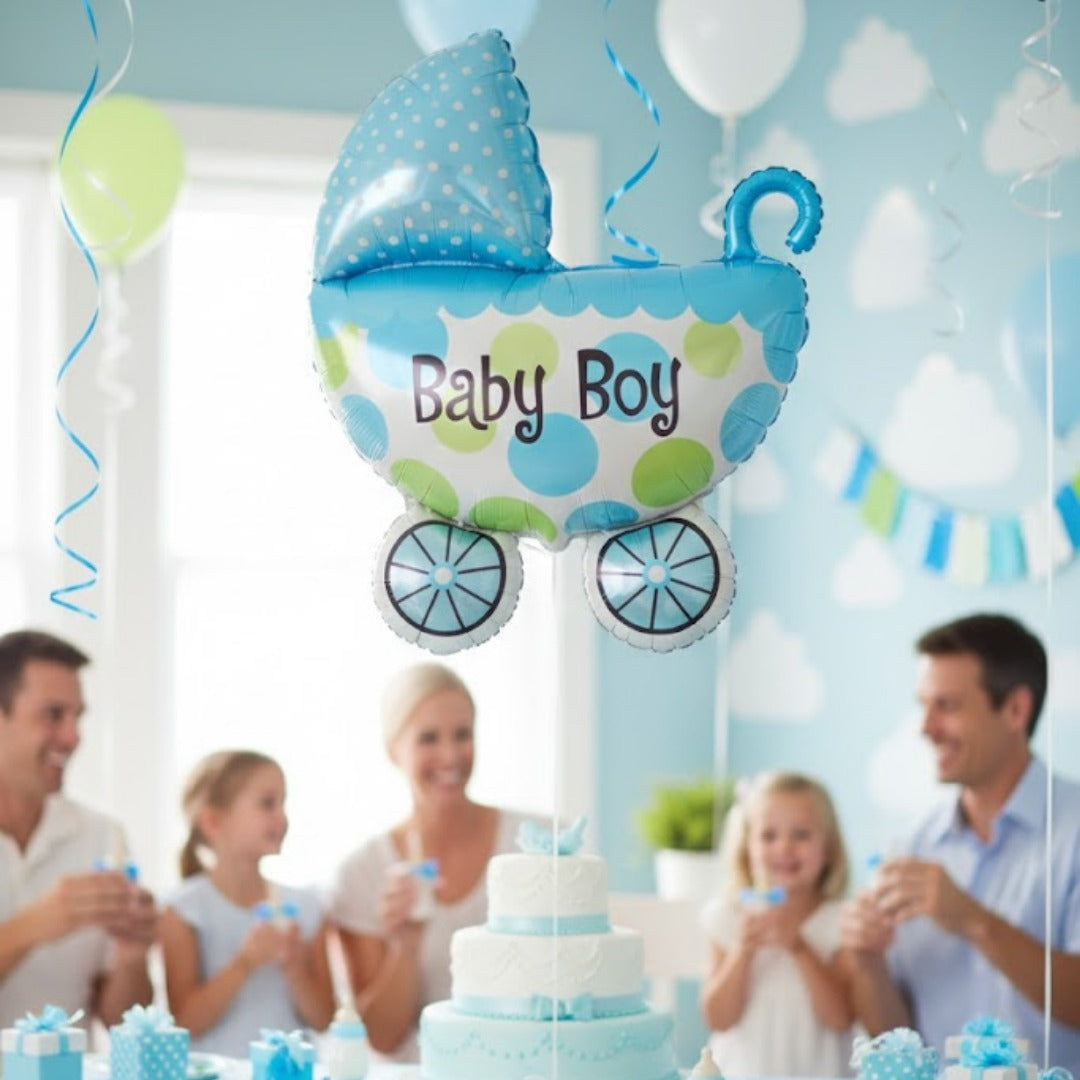 Welcome Baby Boy Pram Shape Foil Balloon on Stick - Air Filled - 1PC