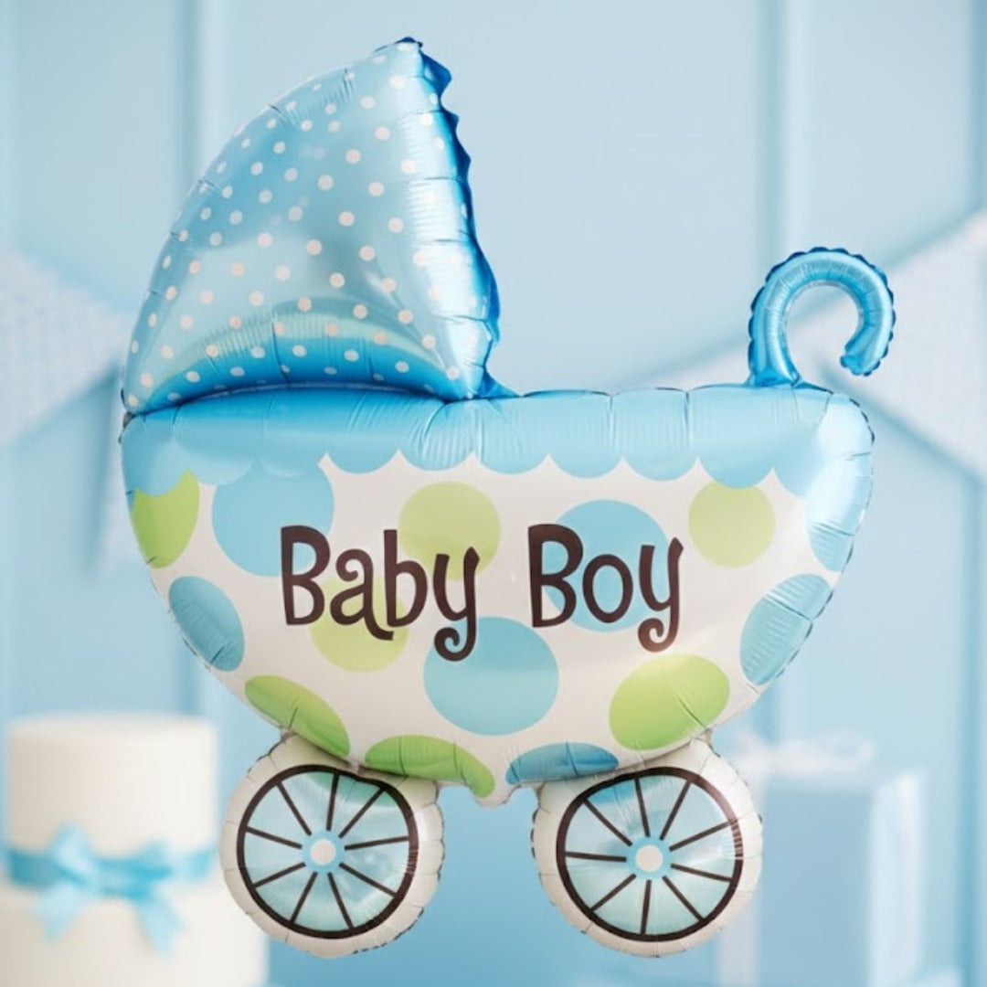 Welcome Baby Boy Pram Shape Foil Balloon on Stick - Air Filled - 1PC