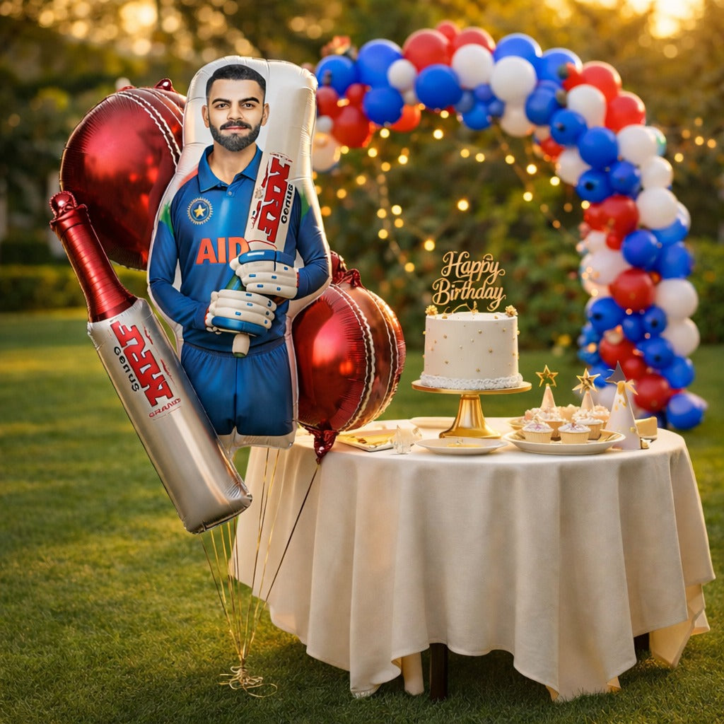 Cricket Bat & Ball Foil Balloon Set of 5 | Sports Theme Party Balloons | Kids Birthday Cricket Decoration Kit