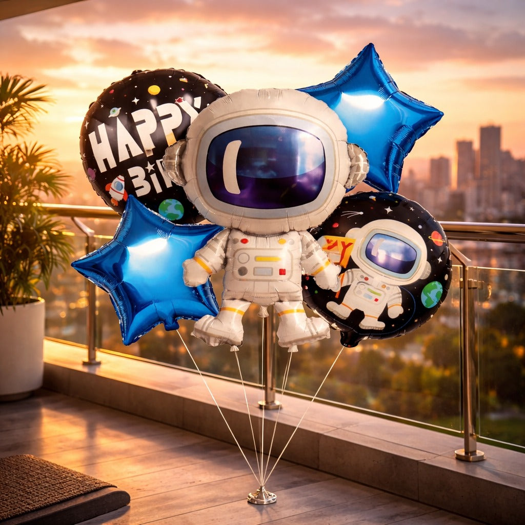 Space Theme Foil Balloon Set of 5 | Astronaut & Galaxy Balloons | Kids Birthday Space Party Decoration Kit