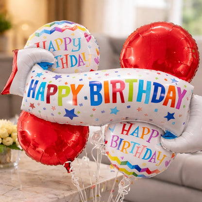 Happy Birthday Wishes Flag Banner Helium Filled Balloon Bouquet Set of 5