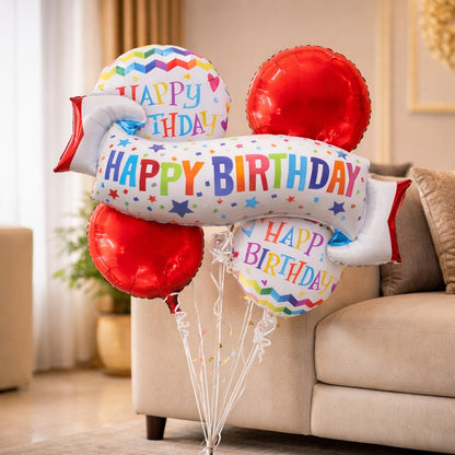 Happy Birthday Wishes Flag Banner Helium Filled Balloon Bouquet Set of 5
