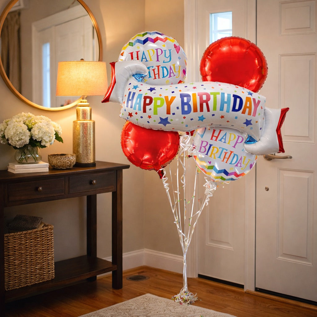 Happy Birthday Wishes Flag Banner Helium Filled Balloon Bouquet Set of 5