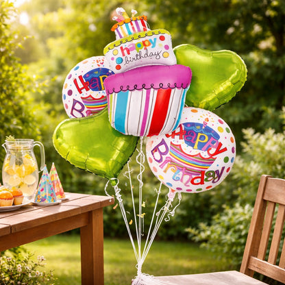 Happy Birthday Triple Layer Cake Helium Filled Balloon Bouquet Set of 5