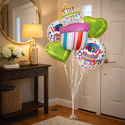 Happy Birthday Triple Layer Cake Helium Filled Balloon Bouquet Set of 5