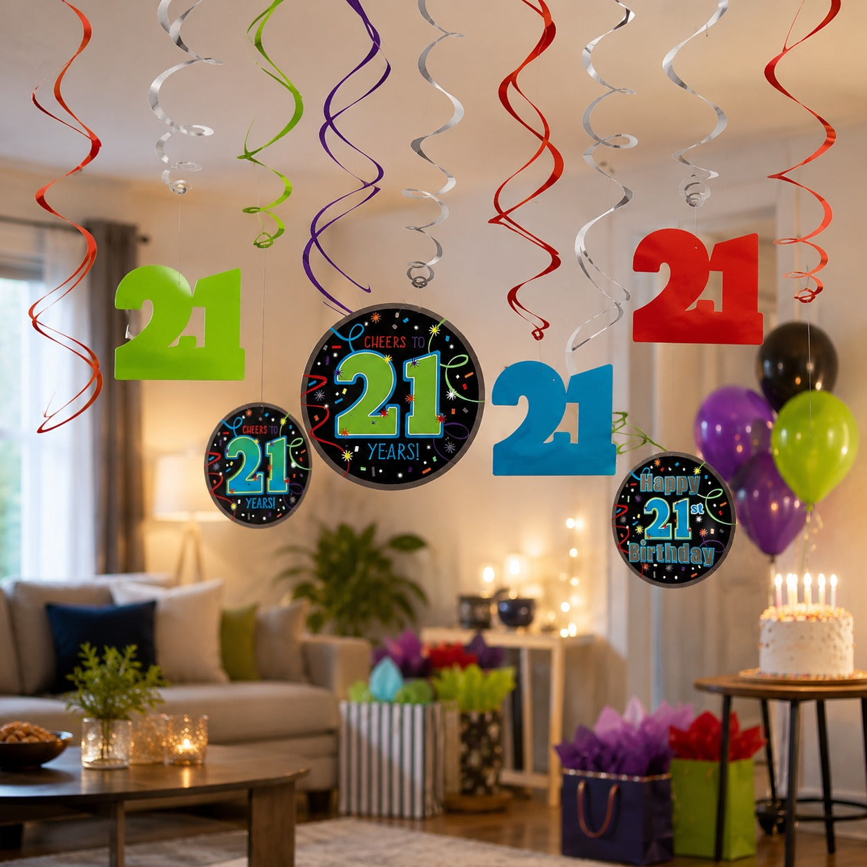 21st Birthday Hanging Swirl Decorations - 12Pc