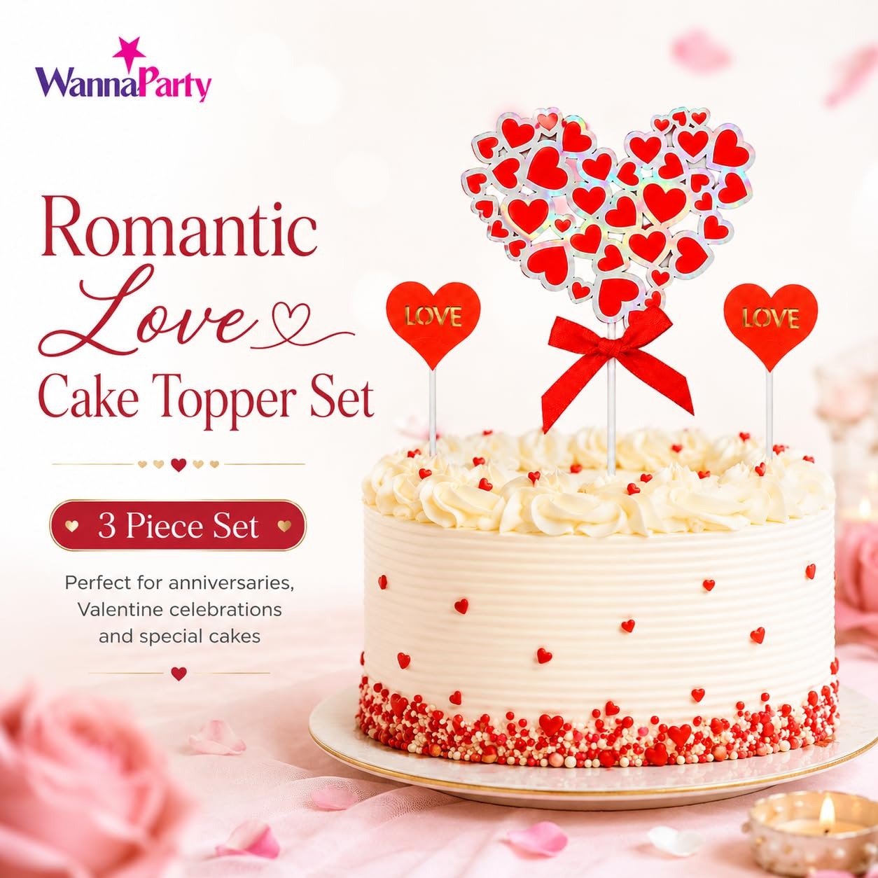 Love Cake Topper with Hearts - 3PC