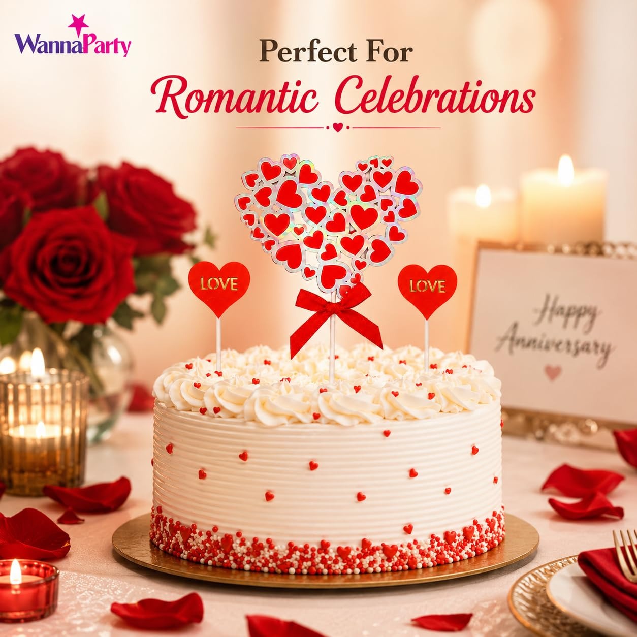 Love Cake Topper with Hearts - 3PC