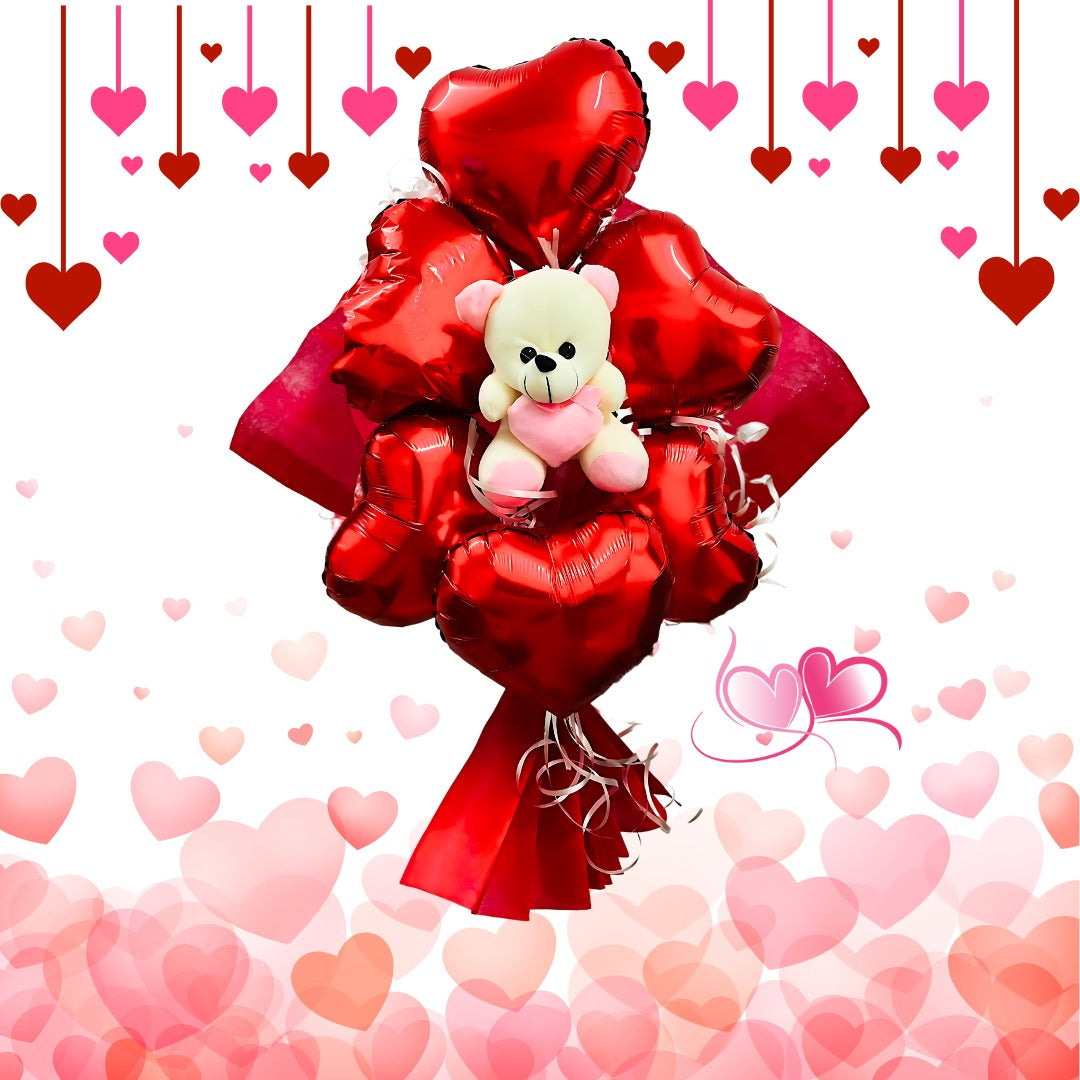 Red Heart Shape Foil Balloon w/ Small Pink Teddy Combo for Valentines Day/ Theme Party - 6PC