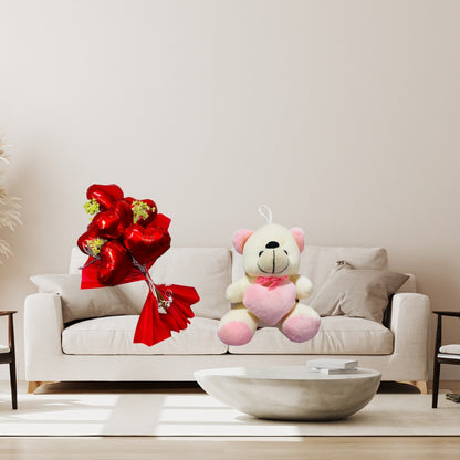 Red Heart Shape Foil Balloon w/ Small Pink Teddy Combo for Valentines Day/ Theme Party - 6PC