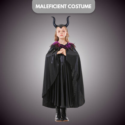 Maleficient Costume with Black Leathery Vest, Black Capes with Black and Purple Feathers and Black Maleficient Glittery Headband - Size XL - Age 10 to 12