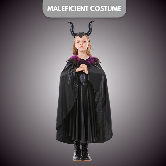 Maleficient Costume with Black Leathery Vest, Black Capes with Black and Purple Feathers and Black Maleficient Glittery Headband - Size XL - Age 10 to 12