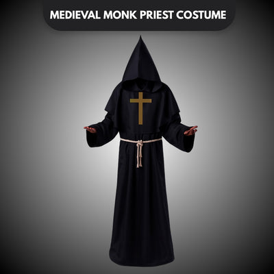 Friar Medieval Hooded Monk Priest Adult Robe Costume with  Cross Sign and Rope