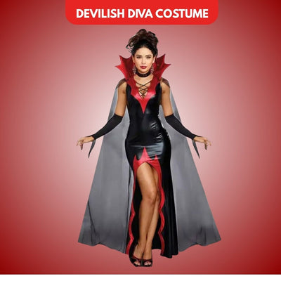 Devilish Diva Black & Red Stretchable Costume w/Cape, Gloves and ... - Wanna Party - front